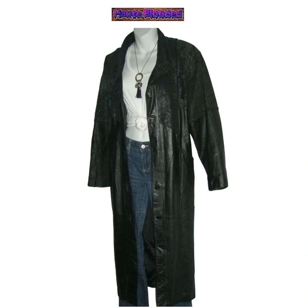 Vintage 90's Long Black Leather Trench Coat Holographic Boho Print Floor Length - Picture 6 of 15